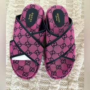 Gucci Pink & Black GG Canvas Slide Sandals
